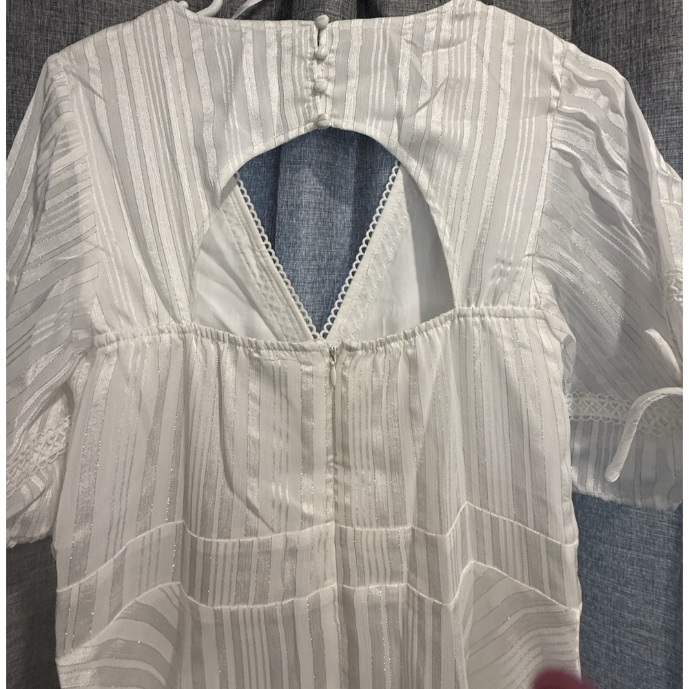 Lulu Adorable Essence White Striped Puff Sleeve Mini Dress Womans M V-neck NWT - Picture 7 of 12
